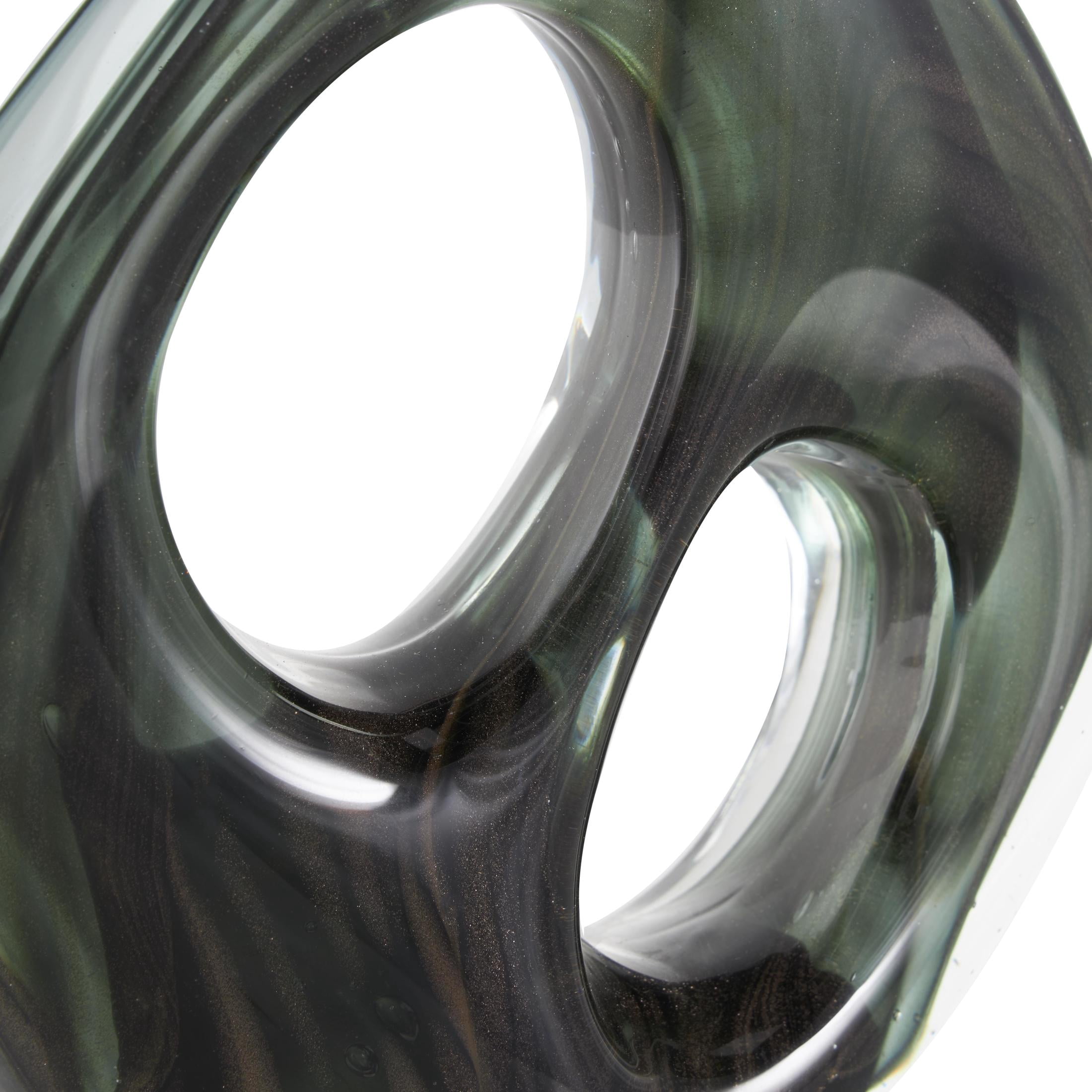 7" x 13" Green Glass Curved Cutout Abstract Sculpture with Swirl Patterns, by DecMode