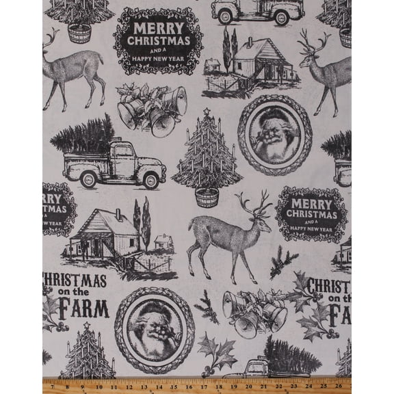 Home Decor Duck Fabric Nostalgic Christmas Santa Claus Pine Trees Barns Bells Reindeer Old Trucks Cabin Holiday Motif on Cream 46" Decorator Weight Fabric by the Yard (D456.03)