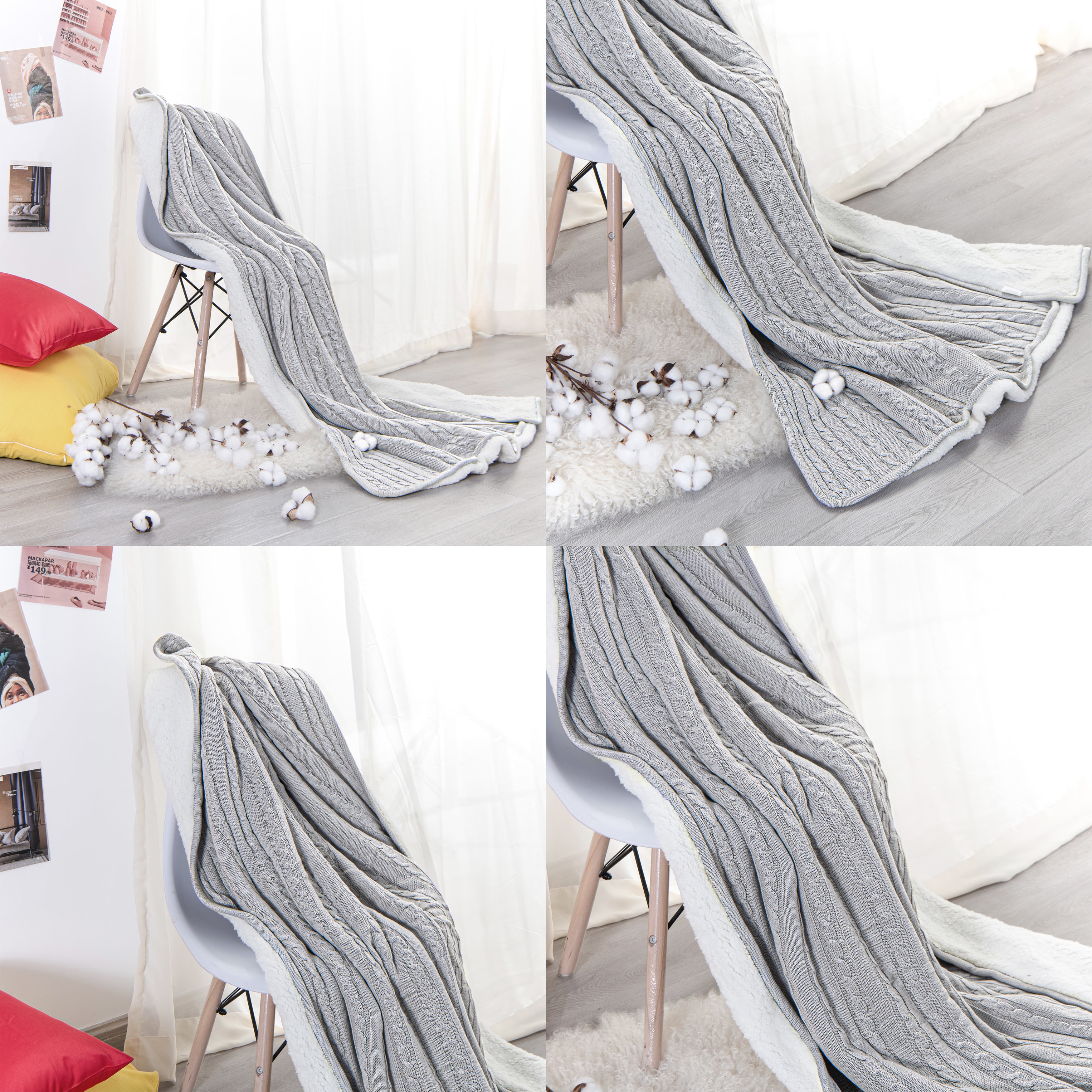 Ntbay Cotton Cable Knit Sherpa Twin Blanket for Couch, Soft Warm Fleece Knitted Throw for Bed, Sofa, Chair - Extra Cozy, Machine Washable, Comfortable Home Decor, 60"x80", Silver Gray
