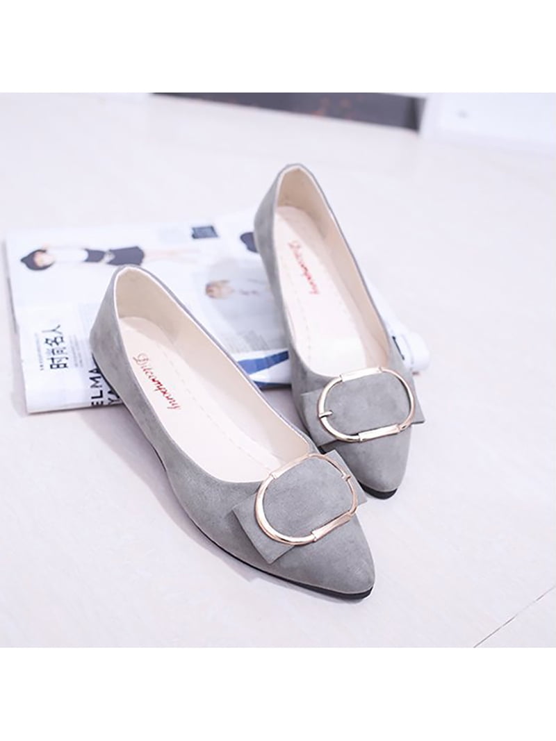 Colisha Ladies Pointed Toe Dress Shoe Walking Casual Flat Shoes Women Cozy Buckle Dress Pumps Low Heels Grey 6.5