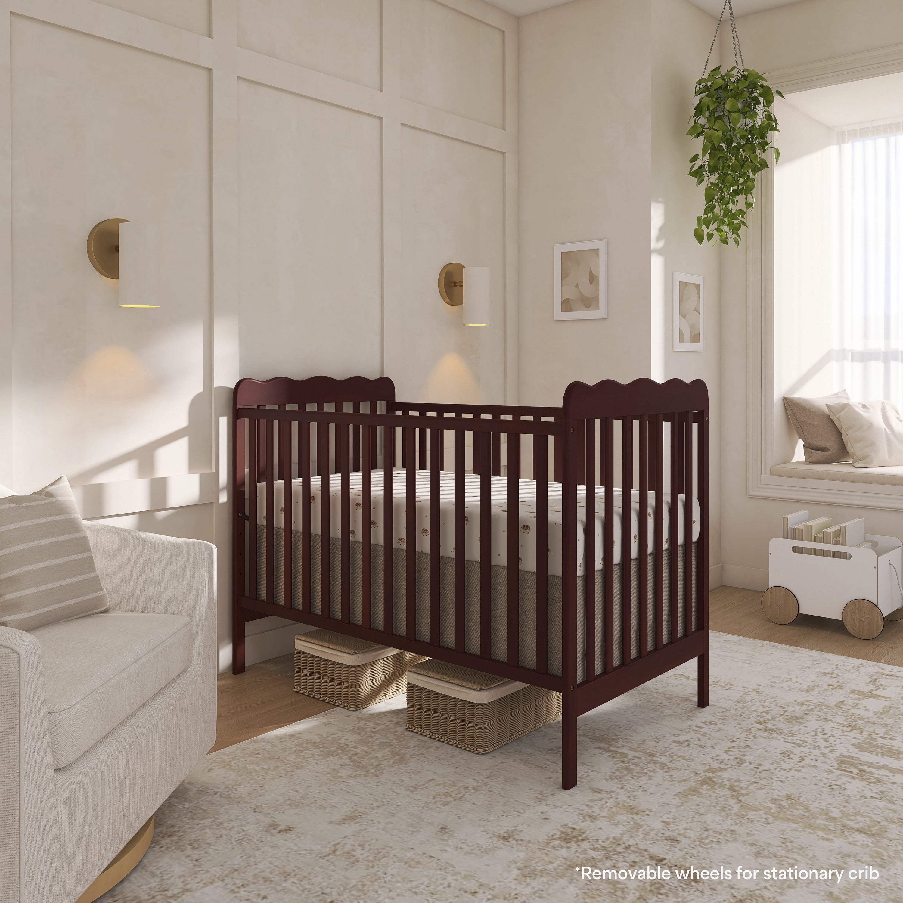 Dream On Me Carson Classic 3-in-1 Portable Crib in Espresso, Removable Wheels, Converts from Baby Crib to Toddler Bed, Day Bed and Kids Sofa, Three Adjustable Mattress Height Positions