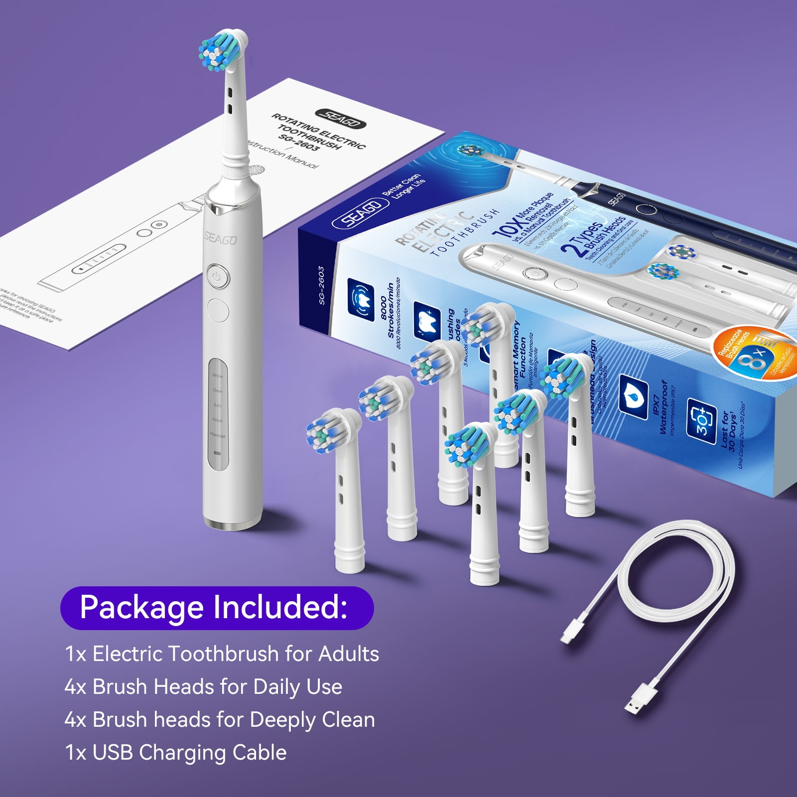 SEAGO Rotating Electric Toothbrush for adult, 8 Brush Heads,  5 Cleaning Modes, 2 Mins Timer, SG-2603 (White)