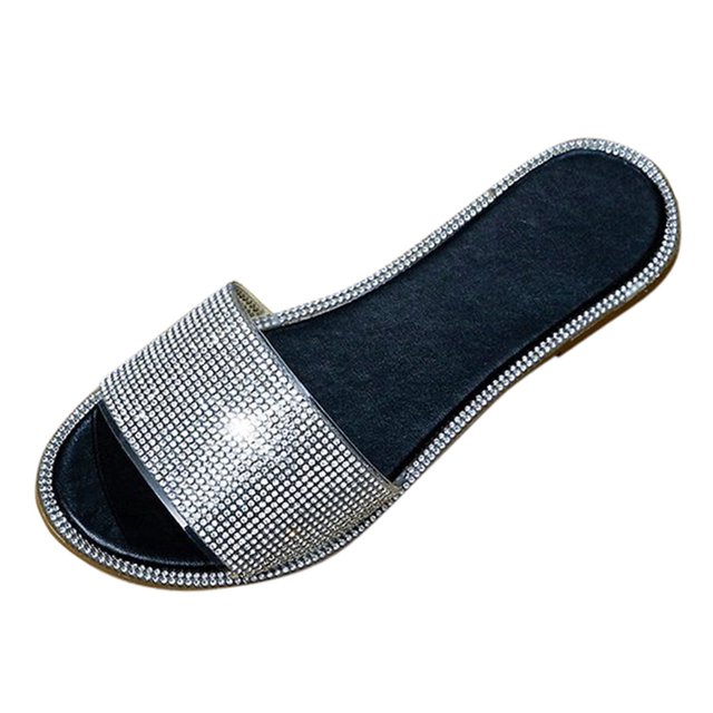 Leozcaa Women's Rhinestone Sandals Slide Glitter Bling Casual Beach Flat Slipper Open Toe Sparkle Slides