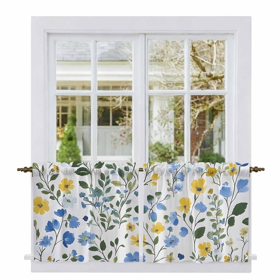 Blue Yellow Floral Spring Tier Curtains, Pastoral Green Summer Botanical Light Filtering Kitchen Curtains, 2Pcs Rod Pocket Half Window Treatments Panels for Sink Cafe Cabinet Camper 27.5x24 Inches
