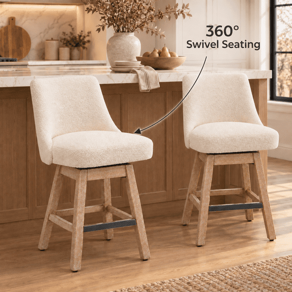 GOMYHOME 26" Swivel Counter Height Bar Stools, Boucle Upholstery, Solid Wood Legs, Beige, Set of 2