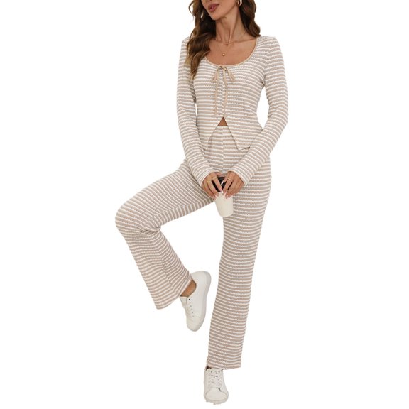 dGslk Women’s Long Sleeve Striped Knit Top and Flare Pants Two Piece Outfit Set Casual Stretchy Loungewear for Everyday Wear Beige L
