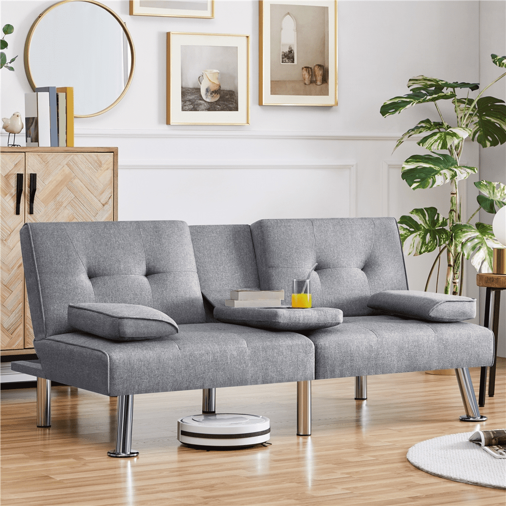 Renwick Fabric Upholstered Convertible Futon Sofa Bed with Cup Holders and Pillows, Light Gray