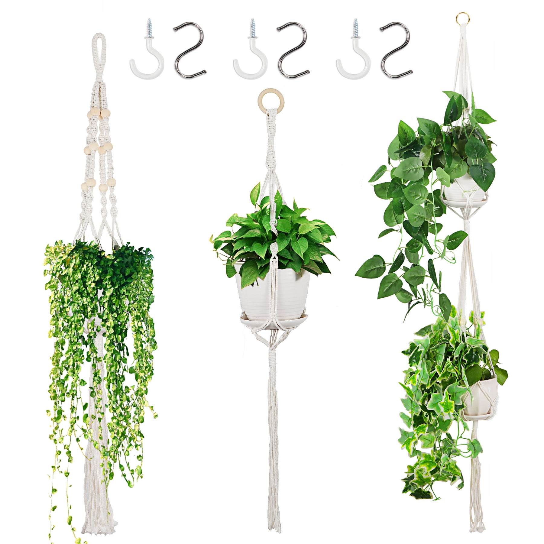 3 Pack Handmade Cotton Rope Macrame Plant Hangers with 6 Hooks Hanging Pot Basket for Boho Home Decor