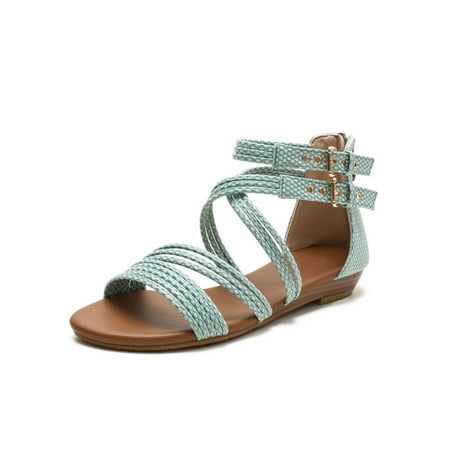 

Ymiytan Ladies Flat Sandal Strappy Dress Shoe Open Toe Sandals Summer Comfort Nonslip Ankle Strap Flats Light Green 8