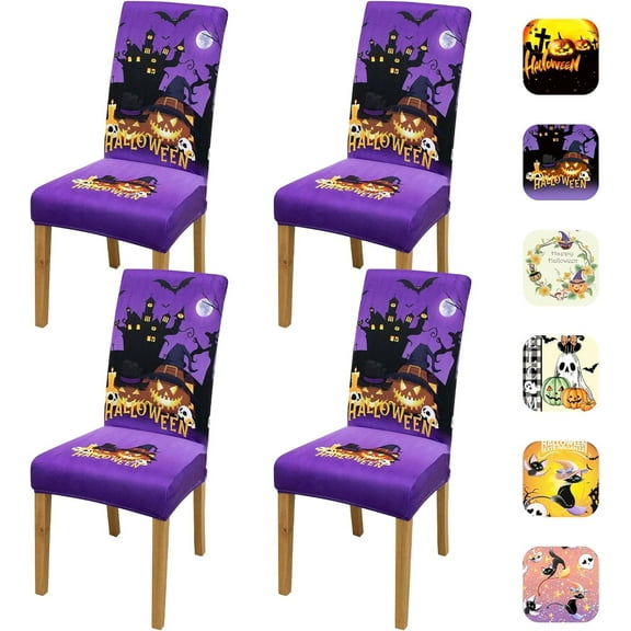 Halloween Chair Covers,Halloween Dining Chair Protectors, Stretch Dining Chair Cover,Washable Kitchen Parsons Chair,Removable Suitable for Halloween Kitchen Restaurant Decor(4Pcs,Purple)