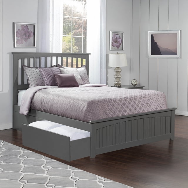 Lit Plateforme Grand Mission avec Pied de Lit Assorti et Tiroirs de Rangement, Gris