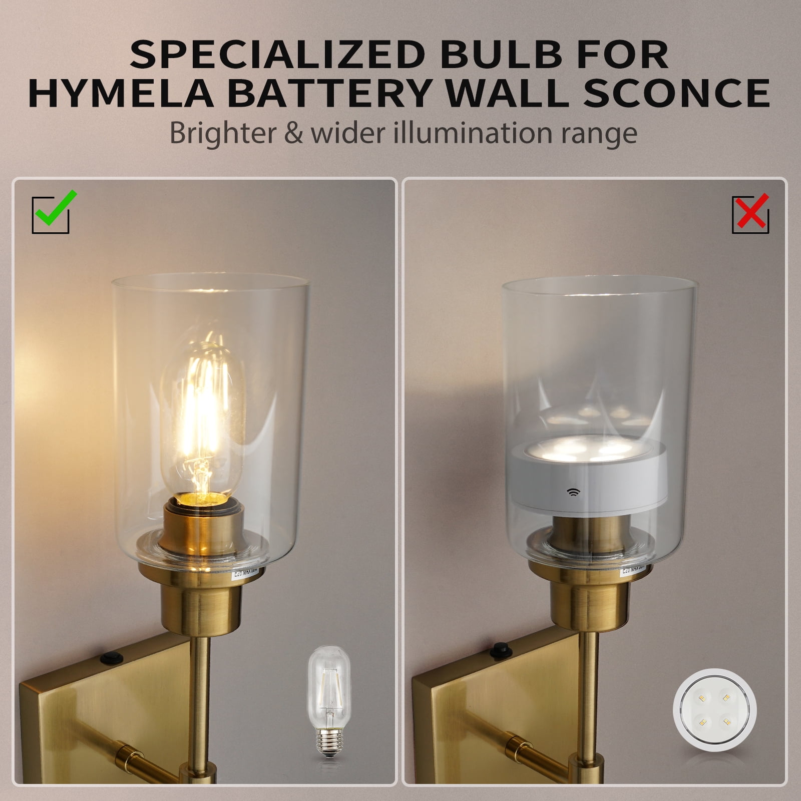 HYMELA Battery Operated Wall Sconce 1 Light Fixtures Matte Gold with Clear Glass Shade Wall Lamp for Bathroom Hallway Kitchen Mirror,Bulb Included