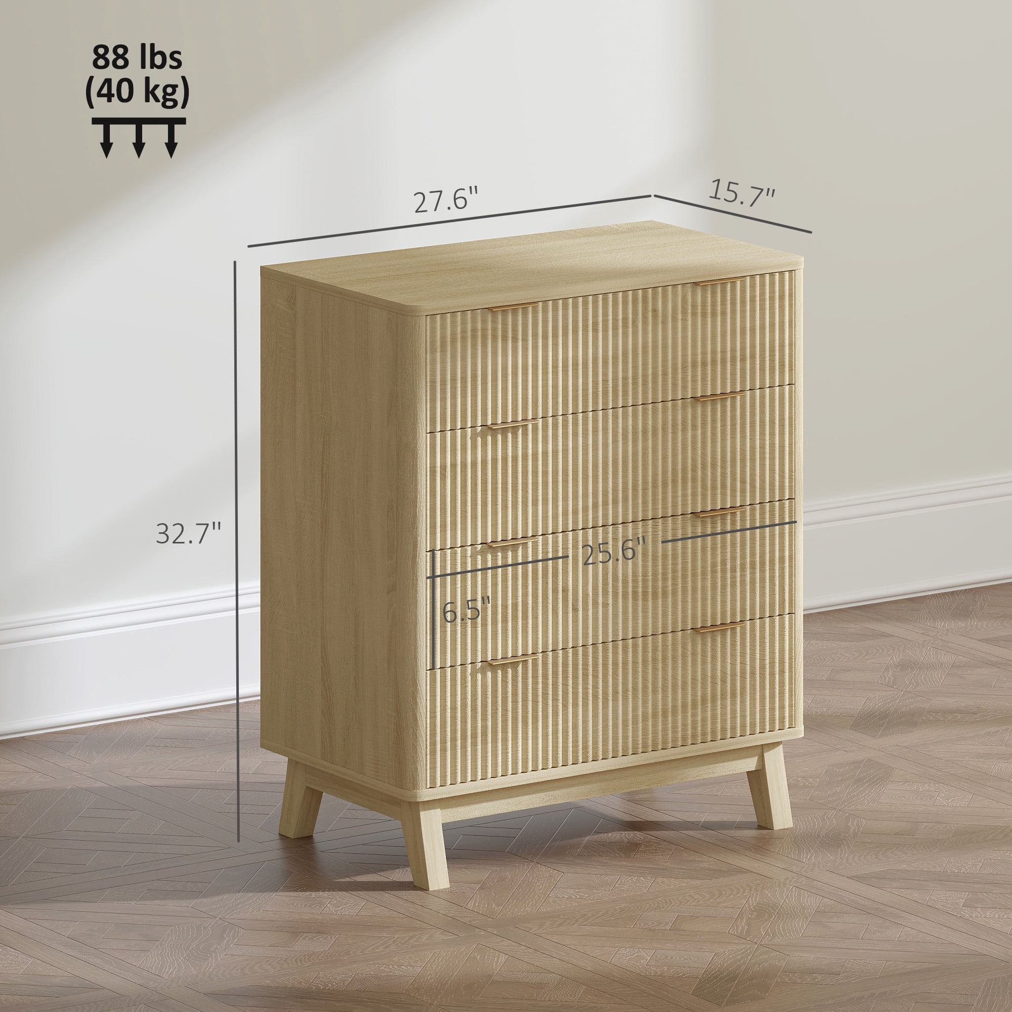 HOMCOM Fluted Dresser for Bedroom with 4 Drawers, Chest of Drawers with Gold Finger Pulls and 4 Wood Legs, Natural Wood