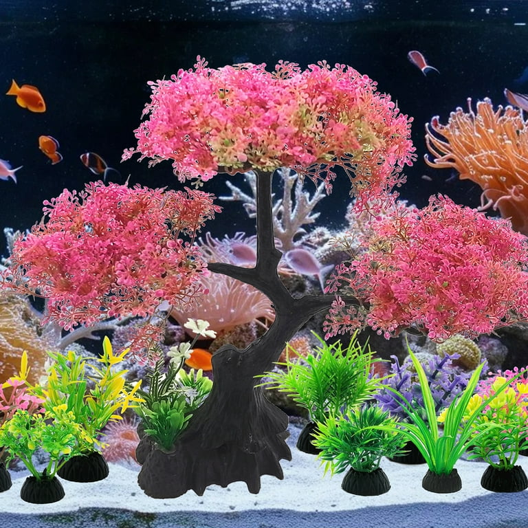 SLOCME Pink Cherry Blossom Tree Aquarium Decor Set – 10 Pcs