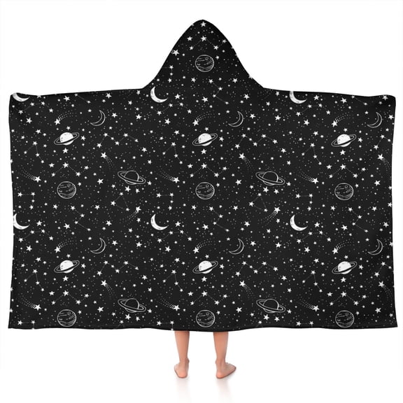 Black Star Planet Moon Pattern Hooded Bath Towel,50"x30" for Ages 3 To 12 Kids, Quick Dry Lightweight Soft Microfiber Hood Beach Towel Cover Up for Kids