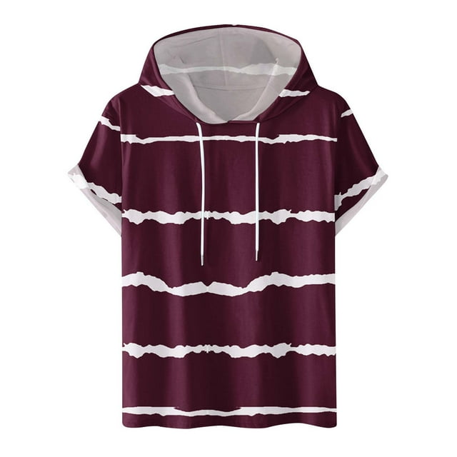 FAIWAD Men's Short Sleeve Hoodies Sweatshirt Striped Print Drawstring Athletic Lightweight Hoodies Tops