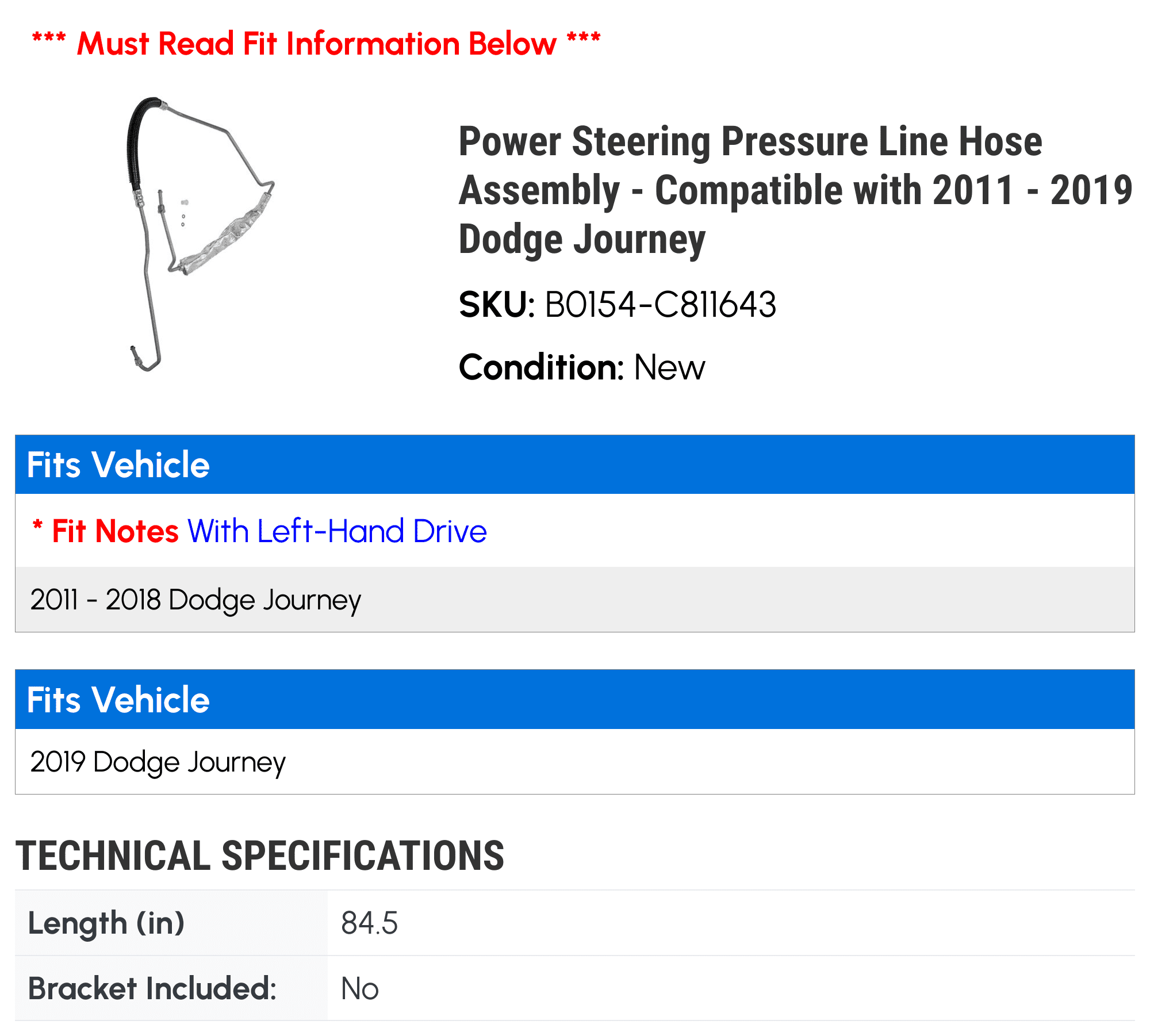 Power Steering Pressure Line Hose Assembly - Compatible with 2011 - 2019 Dodge Journey 2012 2013 2014 2015 2016 2017 2018
