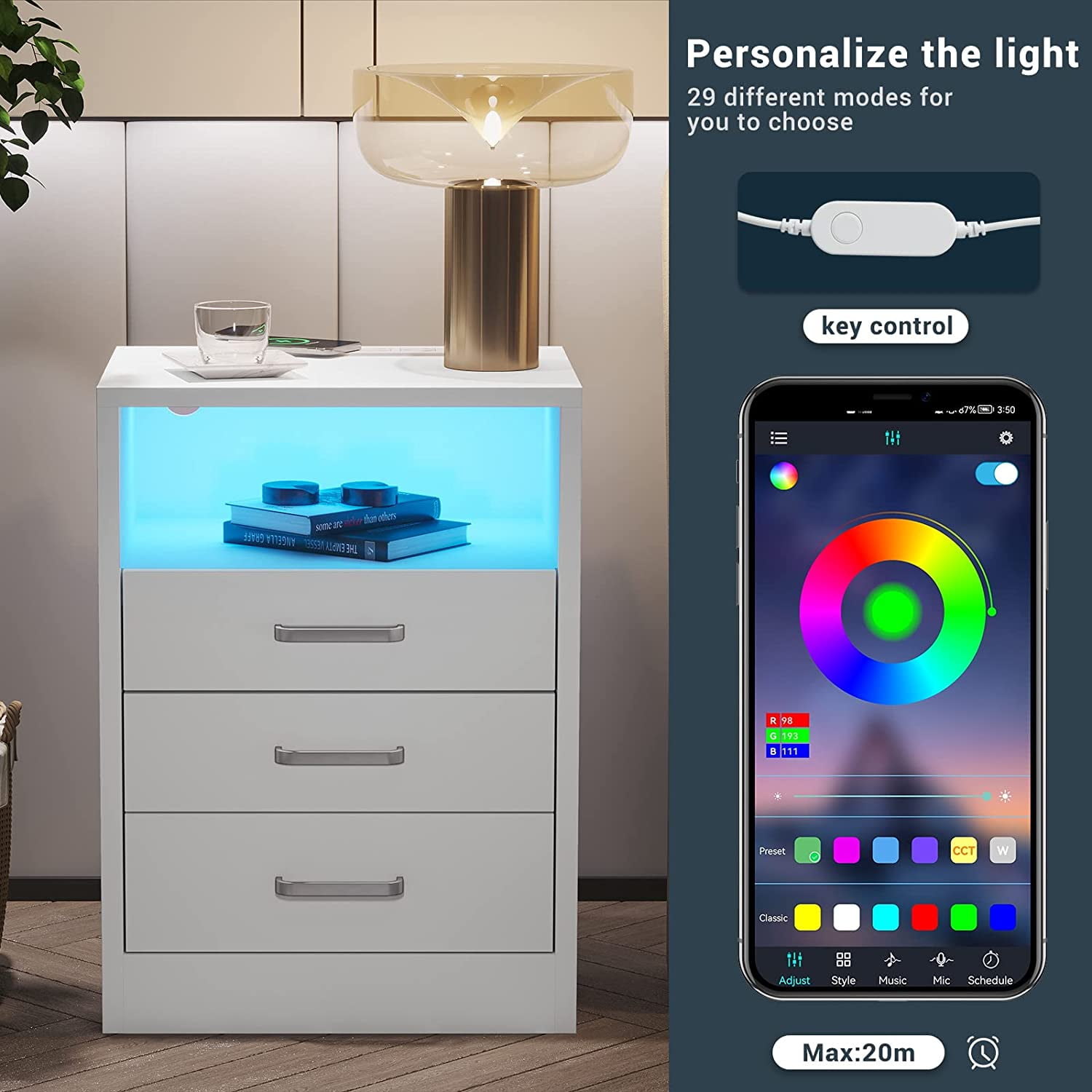 Nightstand with Wireless Charging Station & USB Ports Modern Bedside