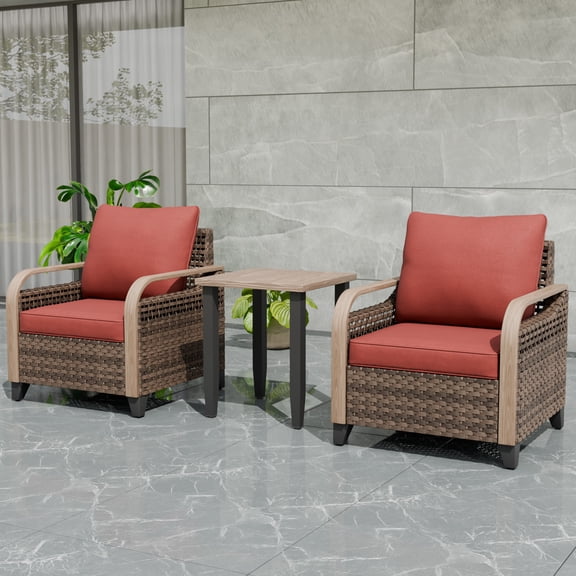 EAGLE PEAK Wicker Bistro Table and Chairs Set of 3, Outdoor Bistro Set, 3 Piece Patio Furniture Set w/ Wicker Outdoor Chairs & Side Table, Brown/Red