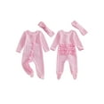 thumbnail image 2 of RUINIXCW Newborn Baby Girl Spring Fall Winter Clothes Outfit Knitted Footed Romper Long Sleeve Crew Neck Frills Zipped Footie Jumpsuit and Headband, 2 of 9