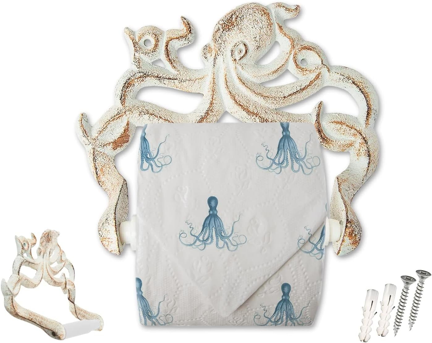 Comfify Cast Iron Octopus Toilet Paper Holder, Wall Mounted Bathroom Holder, Rust White