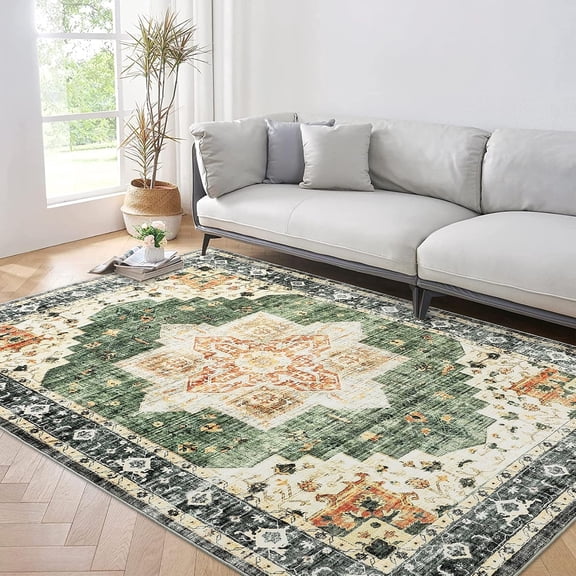 8x10 Washable Area Rug Vintage Floral Pattern Low Pile Soft Carpet Non Slip Large Rug for Living Room Bedroom Dining Room Office, Green tone