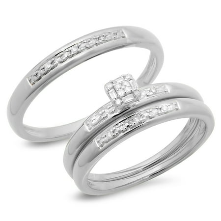 0.15 Carat (ctw) 10K Gold Round & Baguette Diamond Men & Women's Cluster Engagement Ring Trio Bridal Set