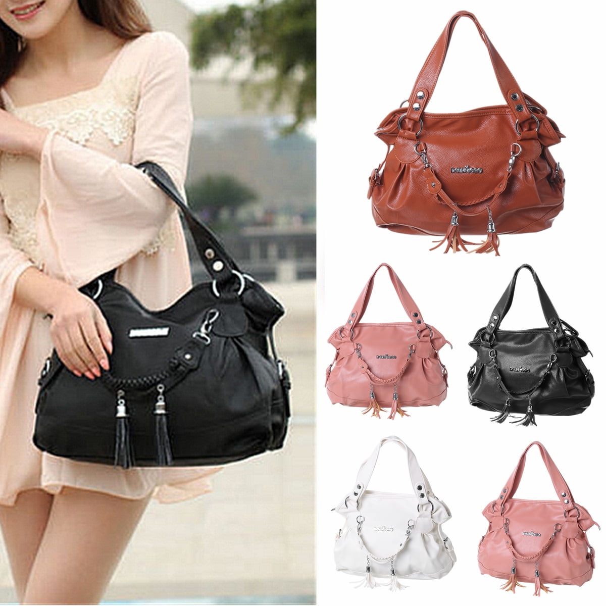 Women Large Mixed Color Leather Fringe Shoulder Bag Travel Messenger Bag Handbag 