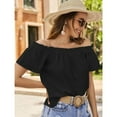 thumbnail image 5 of SWSMCLT Women's Off the Shoulder Blouse Short Sleeve Shirt Cool Top Cute Elasthane Falbala 2025 Frill Holiday Black Large, 5 of 5