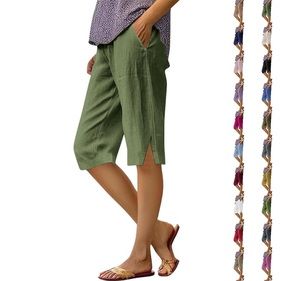 Women's Casual Loose Fit Shorts with Side Slits and Functional Pockets Comfortable Cotton Linen Blend for Summer