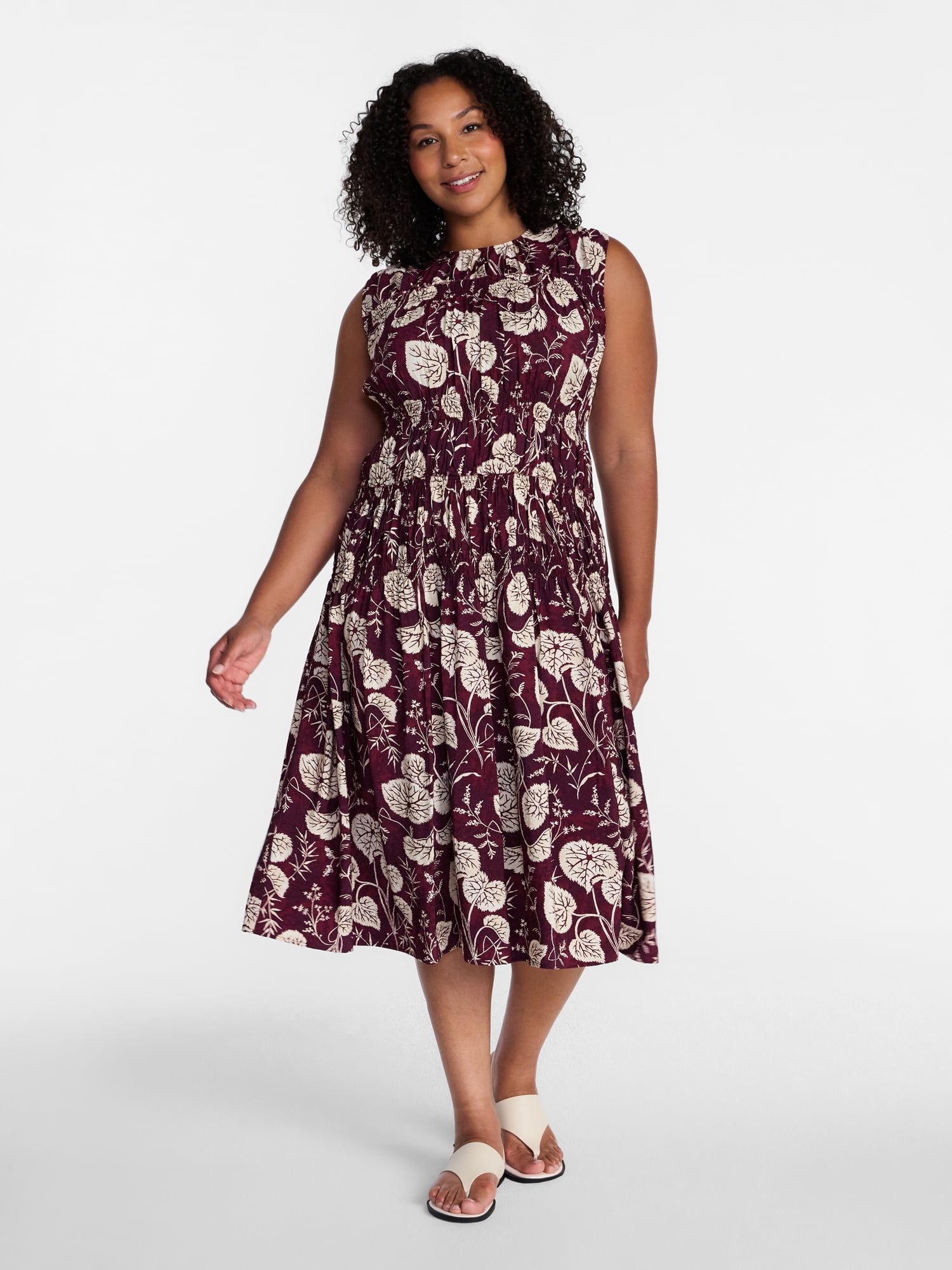 Time and Tru Women's Sleeveless Smocked Midi Dress, Sizes XS-XXXL