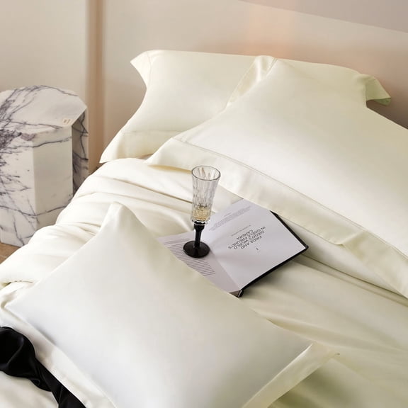 DCSKY 100% Cotton Duvet Cover Set, High Thread Count Luxury 3-Piece Bedding, Cream White, King