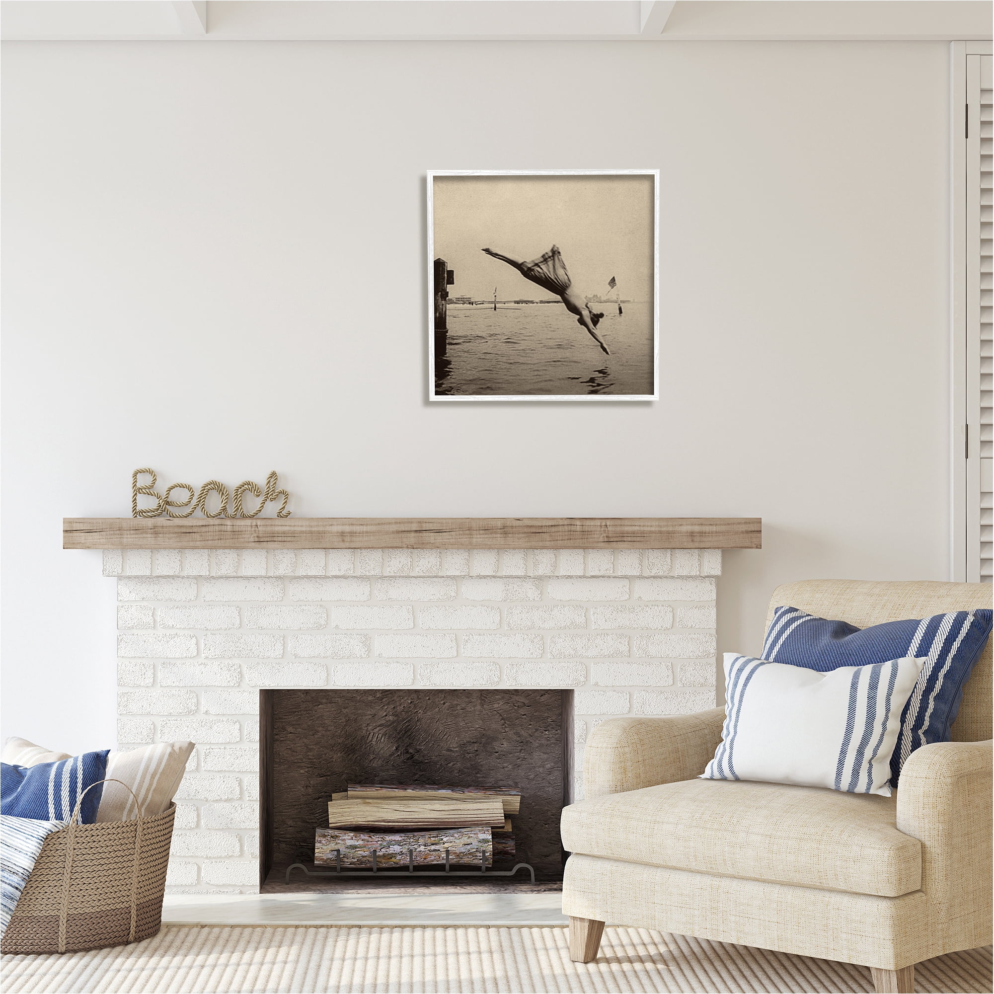 Stupell Industries Vintage Diving Girl Landscape Photography White Framed Art Print Wall Art, 24 x 24