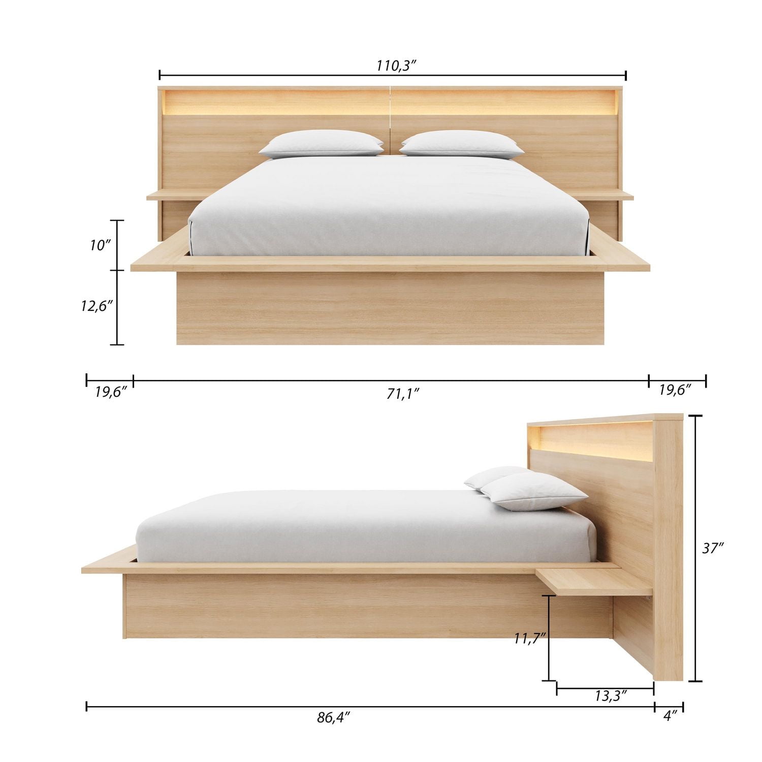 Monroe Queen Size Bedroom Set with Slatted Bedframe, Wide Headboard with Lights and Shelves