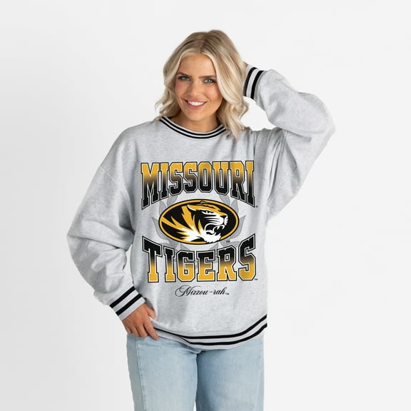 Women's Gameday Couture Ash Missouri Tigers Oversized Fade Route Ringer Stripe Sweatshirt
