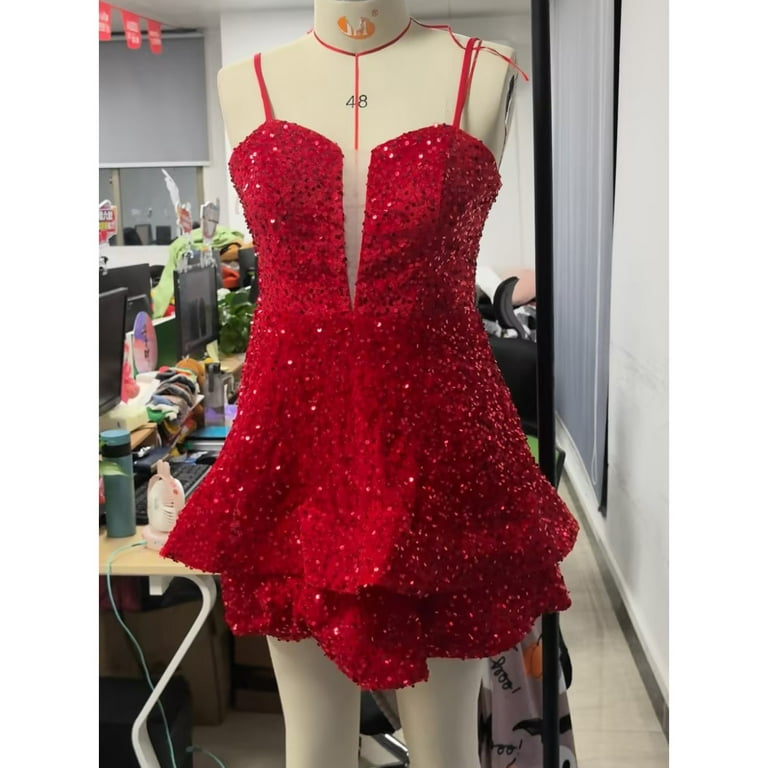 Alkepwun Tiered Dress Women V Neck Spaghetti Straps Sequin Short Graduation  Dresses A Line Hem Full-Skirted Mini Dress Sweet 16 Photo Shoot Cocktail  Gown - Walmart.com