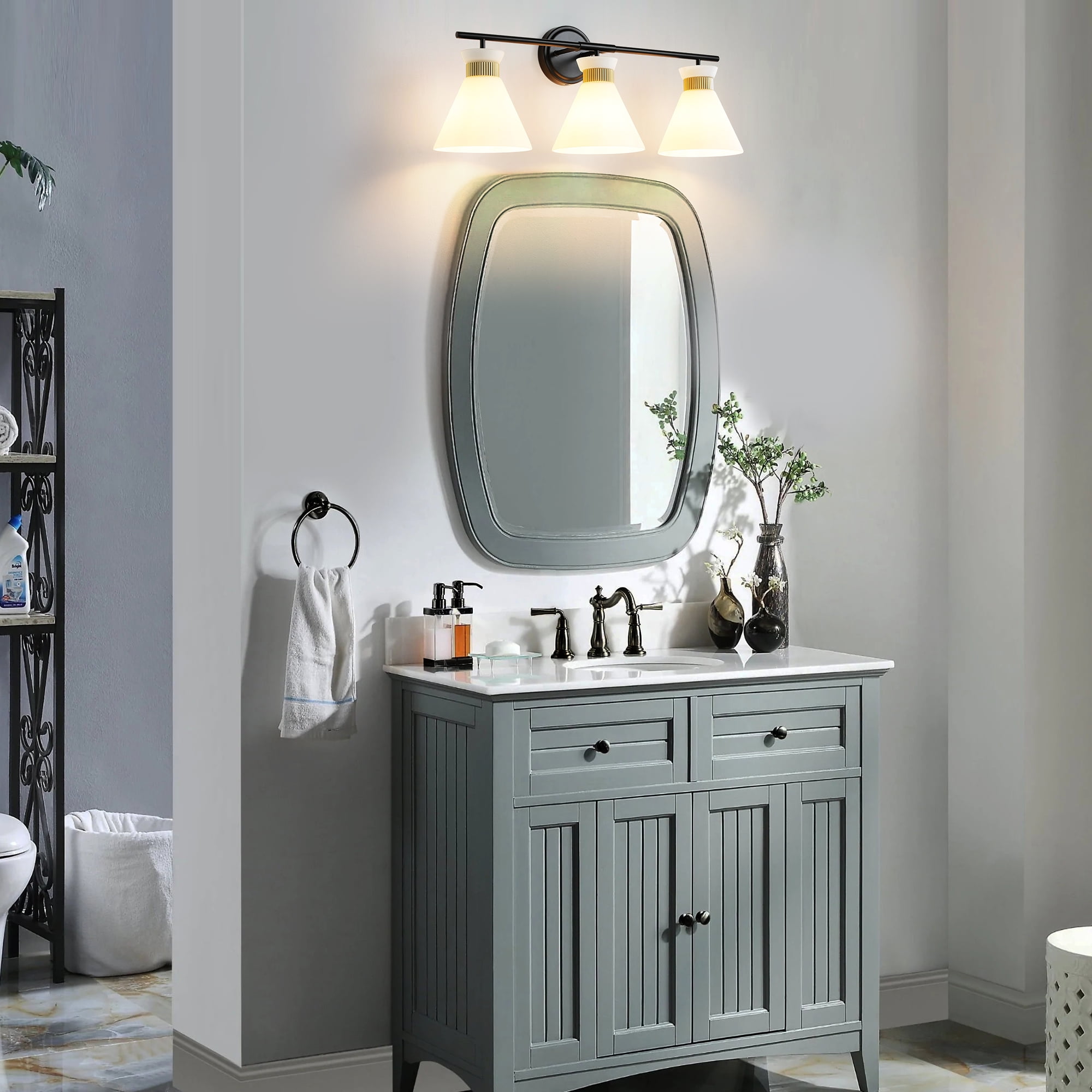 3-Lights Vanity Lights for Bathroom Black and Gold Wall Sconce Lighting with Frosted Milky Glass for Over Mirror Bedroom Hallway