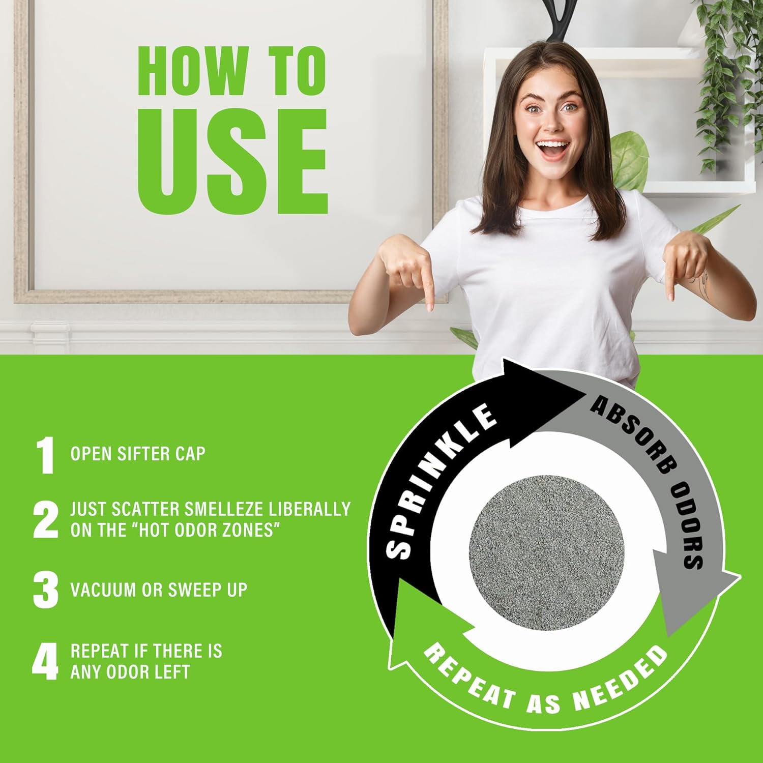 SMELLEZE Natural Elderly Odor Remover Deodorizer: 2 lb. Granules Destroy Sick Room Stench