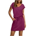 thumbnail image 1 of FRSASU Robes T-Shirt pour Femmes Tendance à Taille Nouée Robe Rayée avec Poches Décontractée Col Ras du Cou Manches Courtes Robe Midi Bordeaux, 1 of 6