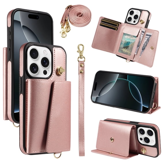 Wallet Case for iPhone 15 Pro Max, PU Leather TPU Shockproof Cover with Card Slots, Cash Pocket, Long & Short Straps, Kickstand, Button Closure, Gift for Women Men Family Friends, Rosegold