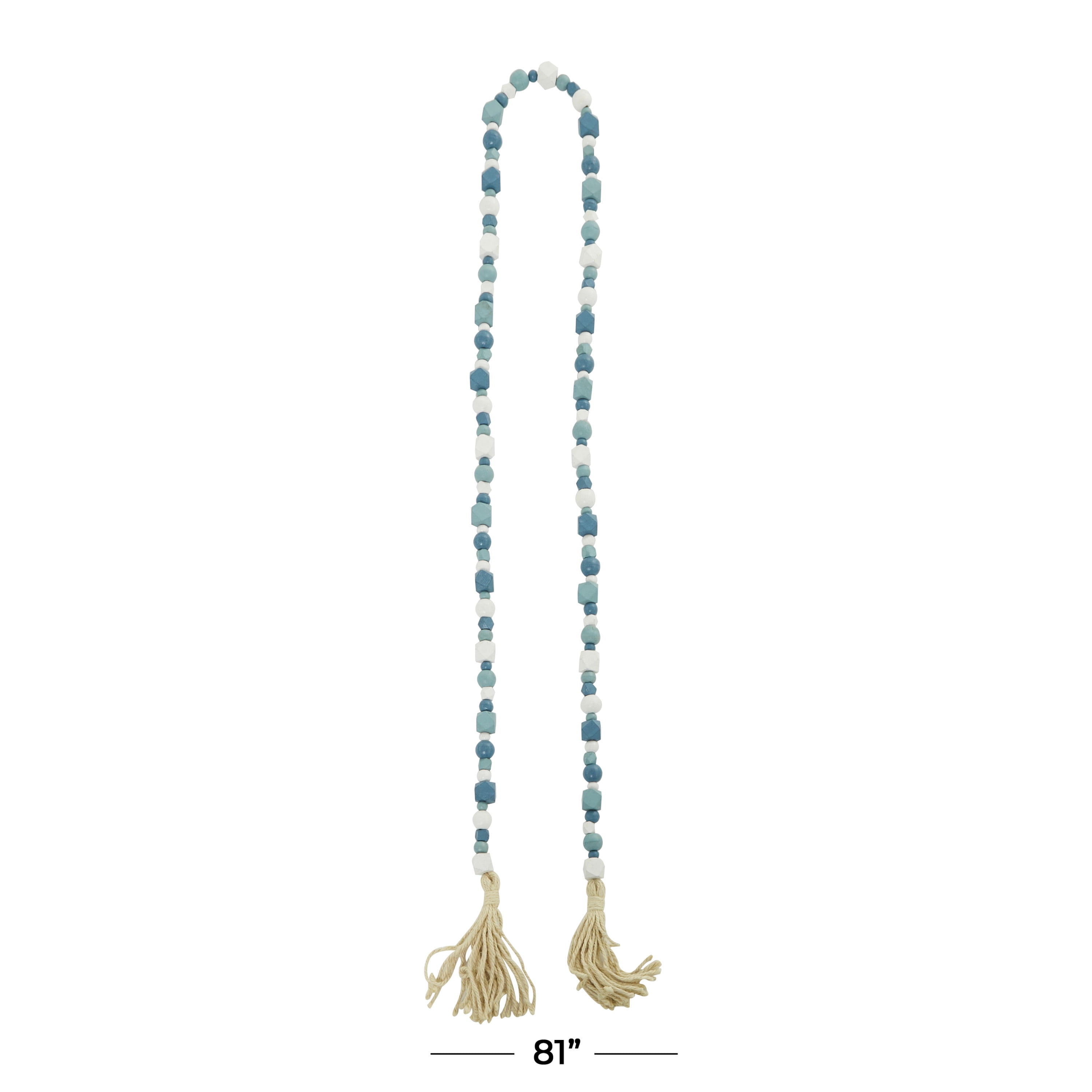 DecMode Blue Wood Bohemian Garland Décor with Geometric Bead Details and Cream Cotton Tassel, 81"L