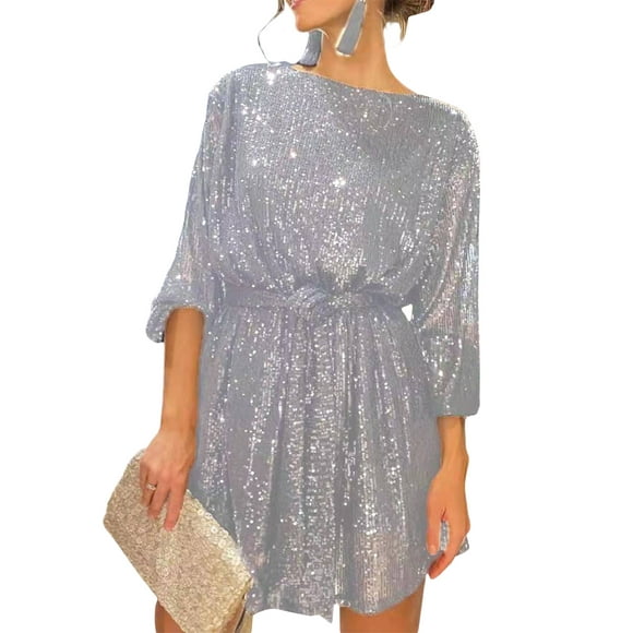 Gupgi Sequin Dress for Women Long Sleeve Crewneck Sparkly Glitter Mini Dress Elegant Cocktail Party Dress