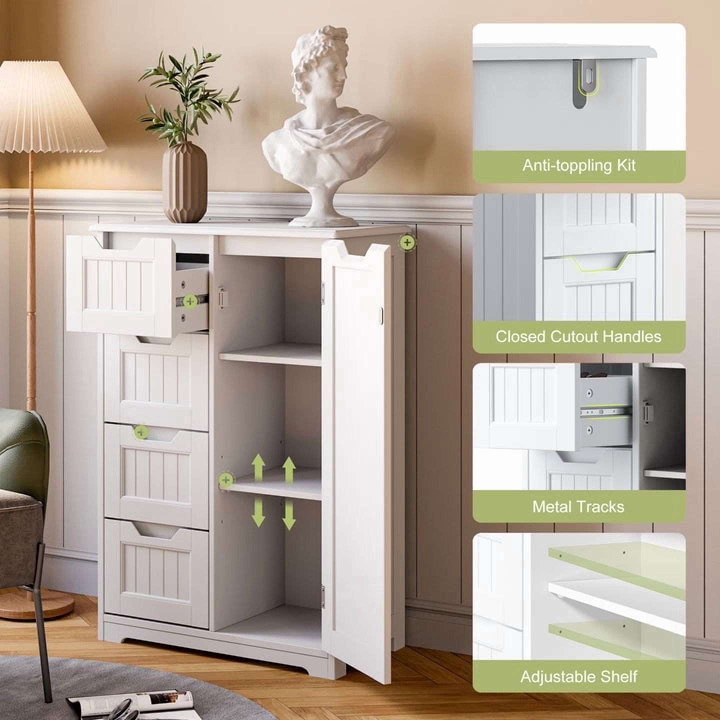 Aiho 33.5 "H Wooden Bathroom Storage Cabinet with 4 Drawers, a Cupboard and Adjustable Dividers for Bathroom,Living room,and Bedroom - White