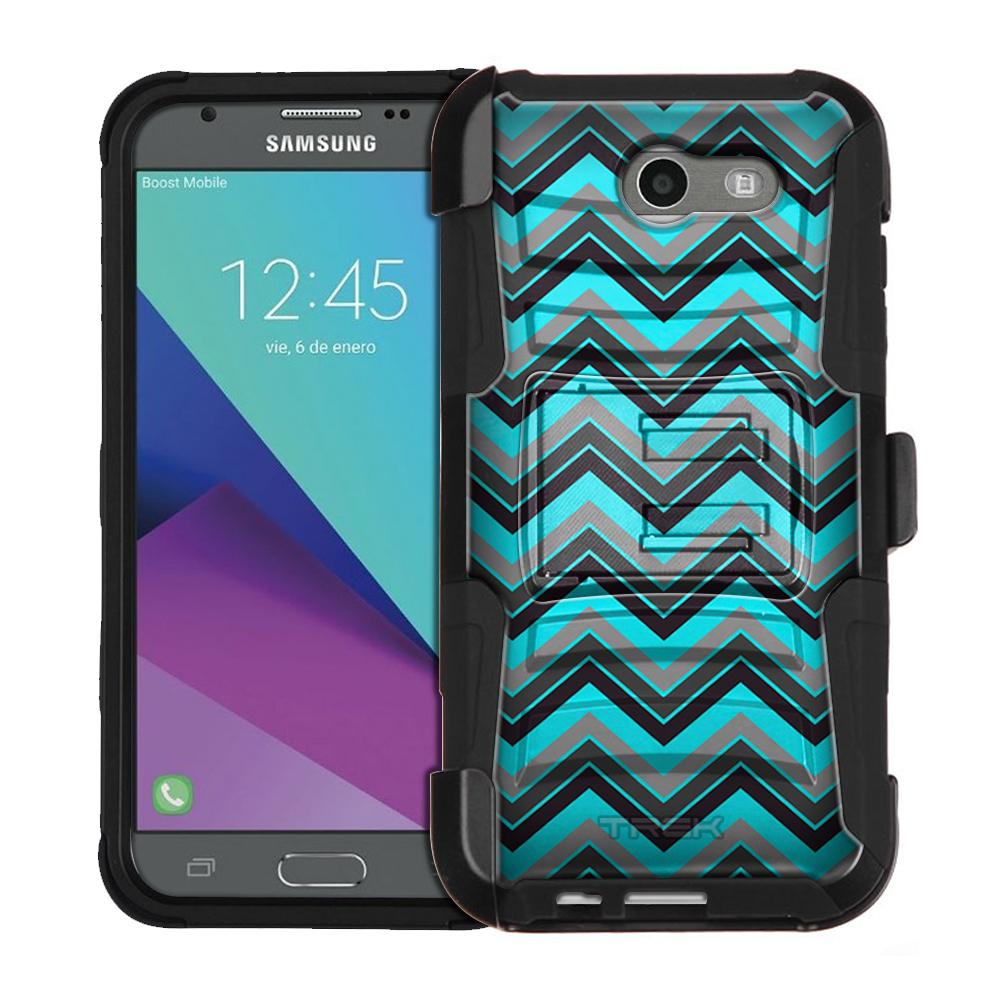 Samsung Galaxy J7 V Armor Hybrid Case Chevron Neon Blue Black