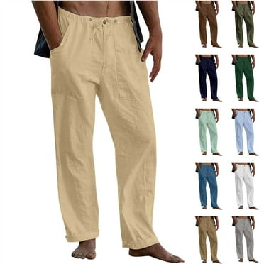 QATAINLAV Men Summer Drawstring Linen Pants Casual Elastic Waist Beach Pants Solid Wide Leg Trousers with Pockets Outdoor Loose Work Pants Prime Sales Today Dark Blue S