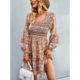 thumbnail image 4 of Liacowi Women Boho Mini Dress Flower Print V Neck Long Sleeve Flowy Dress Elastic Waist Short Dress, 4 of 6