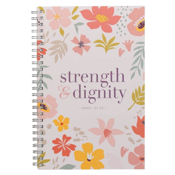 Christian Art Gifts Spiral Notebook, Strength and Dignity - Prov. 31:25 Bible Verse, Prayer Journal, Flexible Cover, Lined Paper for Writing, 128 Pages w/ Scripture, 8.5" x 5.9" x 0.6"