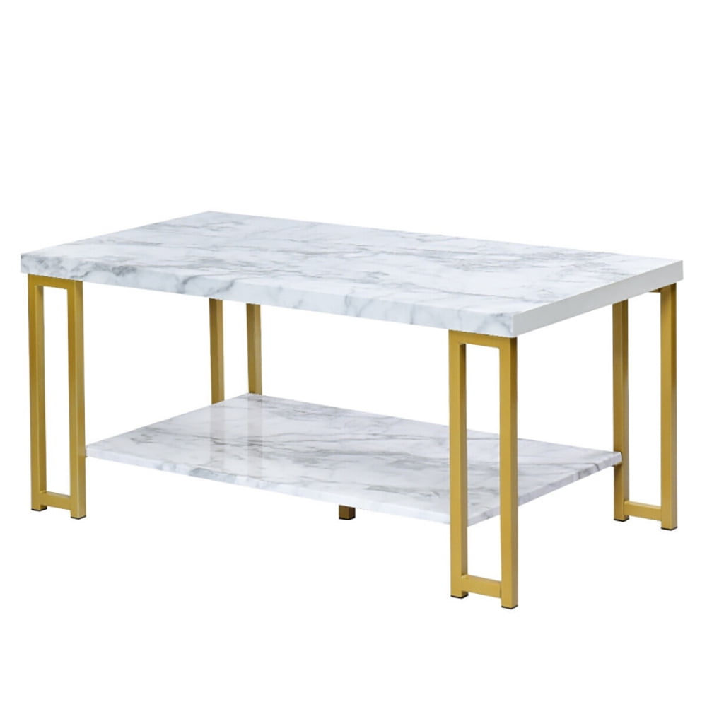 Finihen Wooden Coffee Table, Rectangular Coffee Table, 2-Tier Rectangular Modern Coffee Table with Gold Print Metal Frame, for Living Room, Reception Room, Office, White