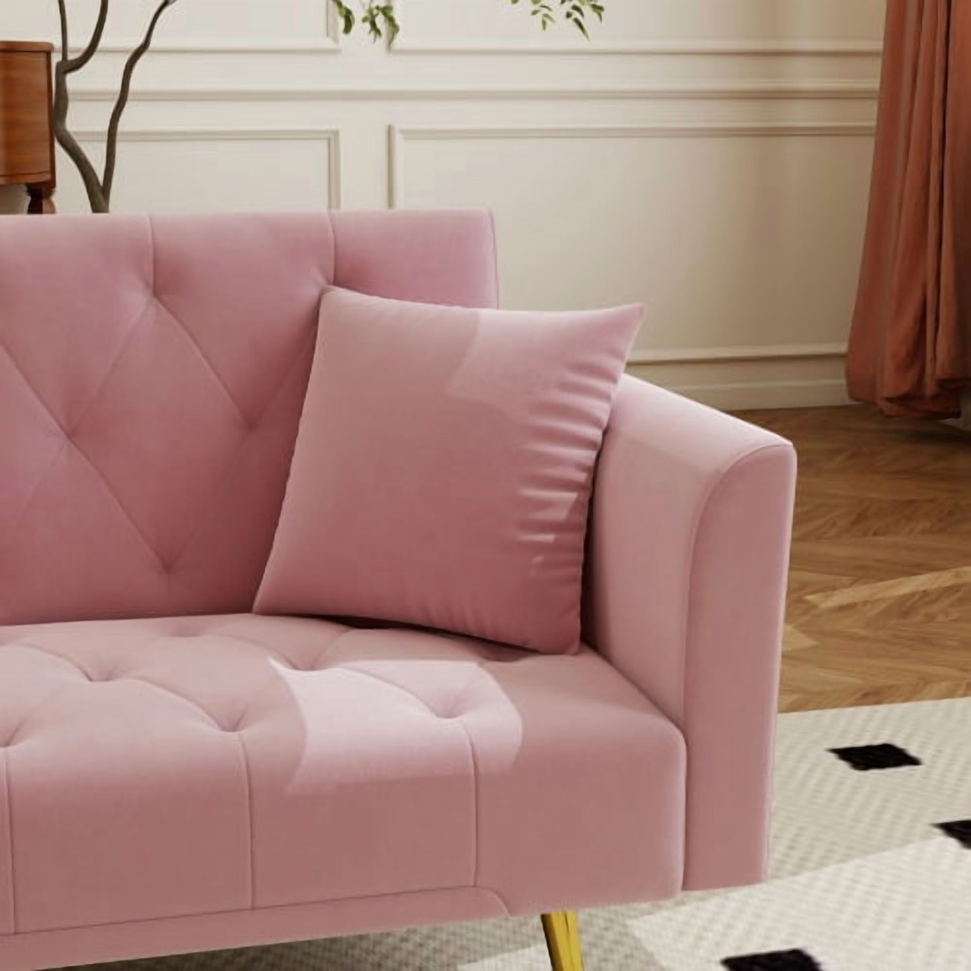 72-Inch Foldable Sleeper Sofa, Tufted American Retro Style, Velvet Couch with 3 Adjustable Positions, Ideal for Small Living Rooms, Bedrooms and Offices, Pink