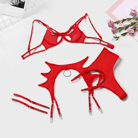 

dmqupv Cutout Lingerie Women s Hollow Garter Belt Grid Heavy Womens Lingerie Corset with Garter And Stockings Red Large